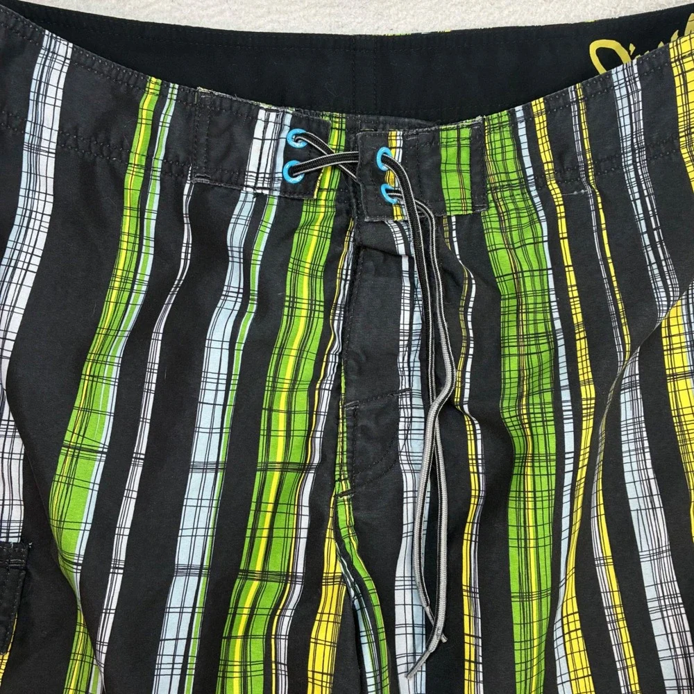 O'Neill Board Shorts Men 32x10 Black Green Striped Surf Swim Trunks Drawstring